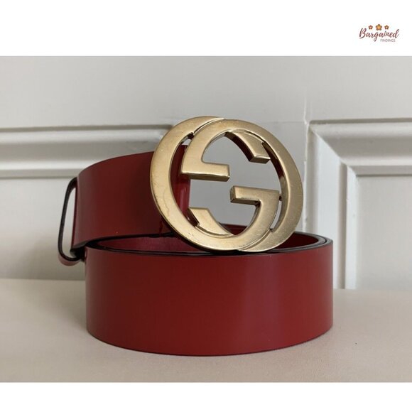 Authentic Gucci Red Coated Leather Gold Interlocking G Buckle Belt 85/34 - Picture 12 of 14